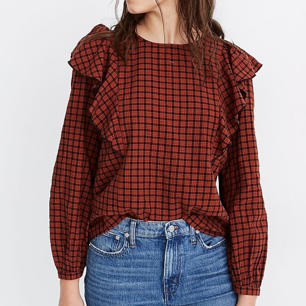 Madewell Plaid Ruffle Top Rust Fall Cottagecore Holiday Ethereal School Girl-M